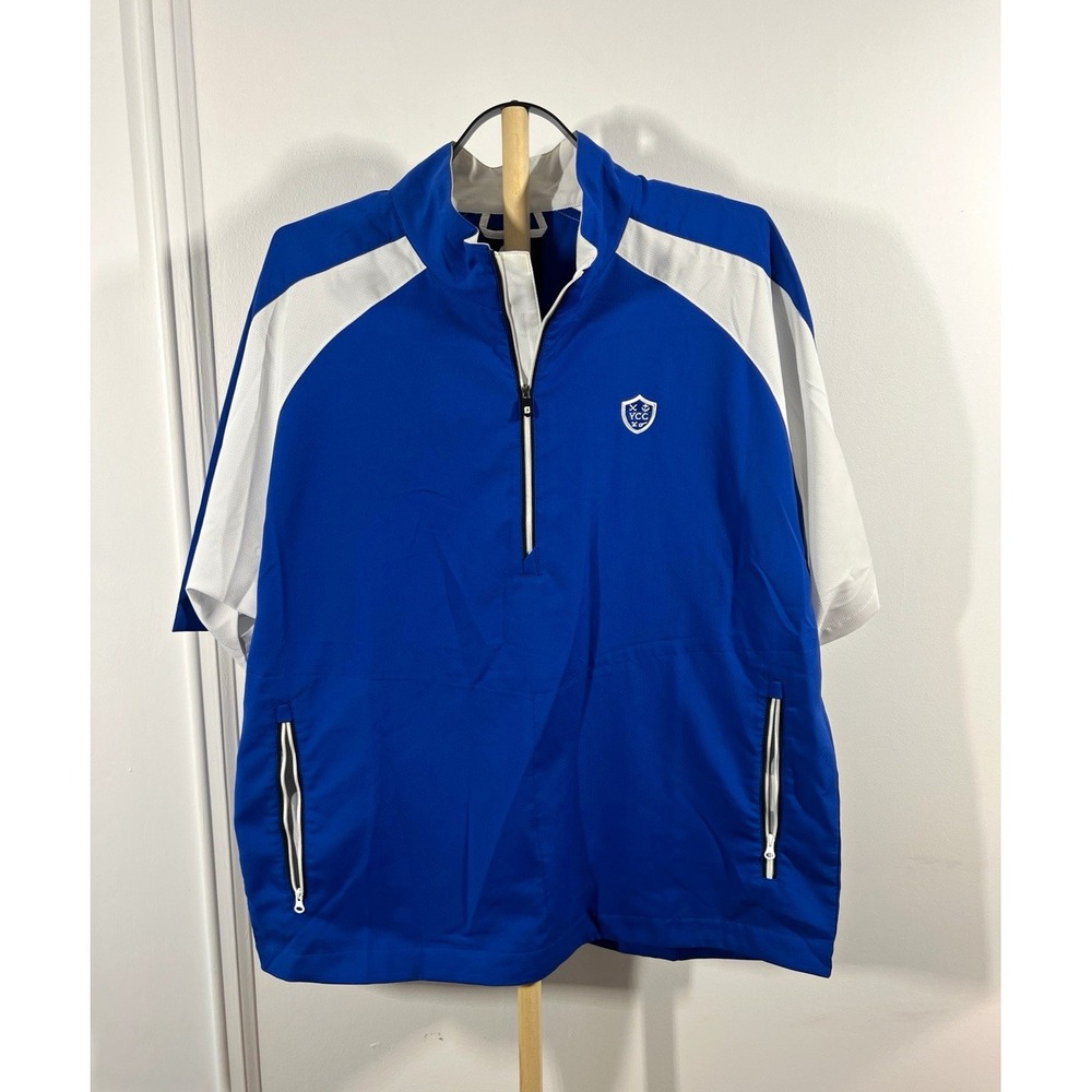 FootJoy Golf Windshirt Mens Large Blue White 1/4 Zip Short Sleeve FJ Windbreaker